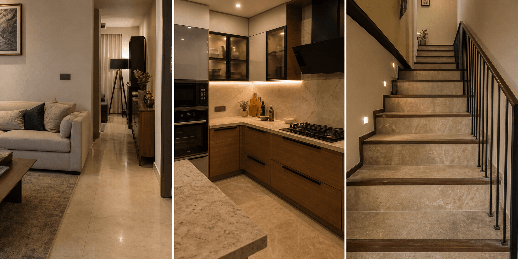 A three-part collage showing a living room, a kitchen, and a staircase as examples of permanent home decisions